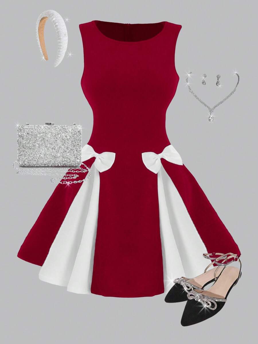 SHEIN Girlism Vestido elegante mini para fiesta y Día de San Valentín con decoración de lazo en tono bicolor para adolescentes - Rojo - Ver 1