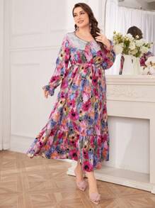 Modelyn Plus Size Women Floral Print Contrast Lace Midi Dress - Purple - View 5