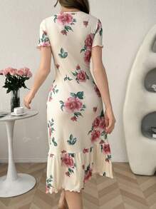 Ruffled Floral Print Short Sleeve Casual Nightgown Babydoll, Minimalist And Fashion For Daily Wear PerfectSummer - Multicolor - View 2