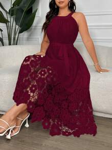 Vionelle 大码优雅纯色蕾丝拼布吊带连衣裙 - 酒紅色 - 查看 6