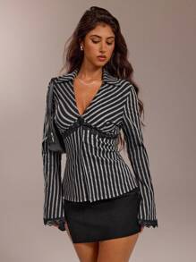 Forever 21 Women's Elegant Commuter Striped Lace Trim Blouse - Black - View 6