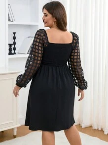 SHEIN Clasi Plus Size Women Plaid Mesh Lantern Sleeve Patchwork Mini Dress - Black - View 2