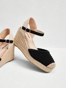 Styleloop Casual Wedge Heel Jute Rope & Canvas Embroidered Flaece Fabric - Black - View 4