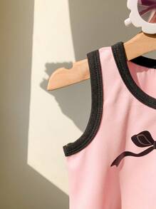 女婴婴儿和幼儿（0-3 岁）休闲百搭时尚黑色和粉色撞色蝴蝶结装饰无袖上衣，适合室内和室外穿着 - 粉色 - 查看 6