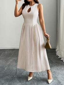 Celure Große Größen Leinenkragen Kleid mit Raffung in der Taille und Falten