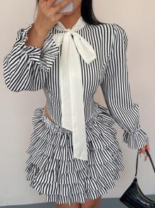 Celure Plus Size Women 2pcs Set: Striped Bowknot Blouse & Cake Skirt