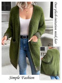 Calvaya Plus Size Women's Solid Color Simple Casual Fluffy Long Sleeve Cardigan - Army Green - View 7
