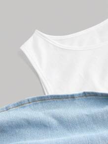 SHEIN MOD 大码弹力牛仔布混合拼接休闲修身上衣 - 淺色水洗藍 - 查看 4