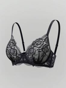 1pc Thin Padded Wire Lace & Mesh Lift Comfort Adjustable Bra - Black - View 6