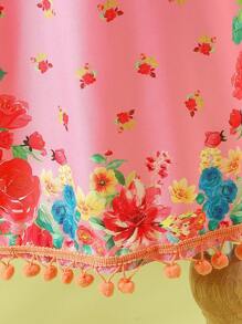 SHEIN Vestido de vacaciones de niña joven con decoración floral, colorida, con flecos y pompones - Multicolor - Ver 5