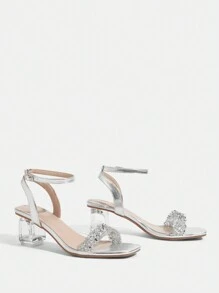 CUCCOO TILAWA Women's Fashionable Crystal Heel Glass Diamond High Heel Sandals, Suitable For Going Out, Parties & Events - Silver - View 3