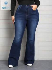 SHEIN Privé Coolmax Plus Size Women's Long Stretch Denim Flare Pants