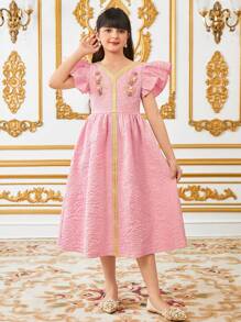 SHEIN Leap Crew Tween Girls Elegant Gold Thread 3D Floral Lace Trim Ruched Tiered Ruffled Cap Sleeve V-Neck A-Line Dress - Pink - View 4