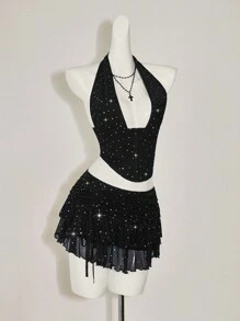 SHEIN ICON Women's Y2k Going Out Two Pieces Summer Sets Rave Festival Sequin Halter Neck Cropped Top And Low-Waisted Mini Skirt Set - Black - View 8
