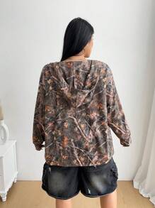 POPSWAY Áo khoác nỉ dài tay có mũ trùm đầu in họa tiết rằn ri thực vật cỡ lớn dành cho nữ, áo chui đầu mùa thu - Màu Khaki - Xem 2