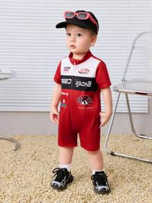 SHEIN 新生男婴/女婴休闲运动时尚针织拼布字母印花 Polo 领短袖连体衣，适合春夏季室内外穿着 - 紅色 - 查看 6