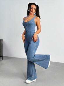 Flexra 女士前口袋纽扣休闲百搭牛仔连身裤 - 藍色 - 查看 4