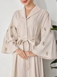 Veilorie Vestido largo estilo árabe tradicional de estilo kaftan con mangas adornadas de perlas para mujeres