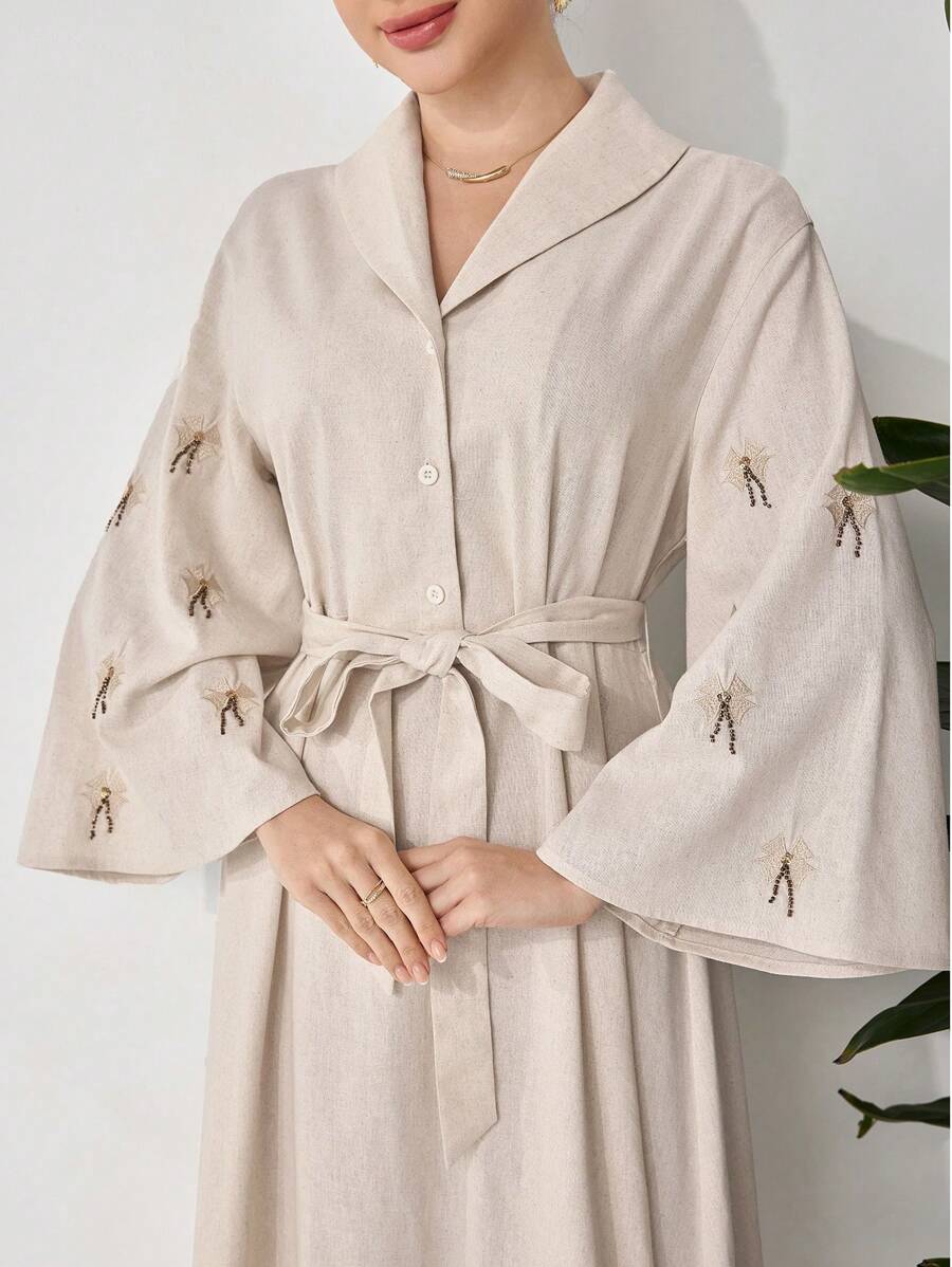 Veilorie Vestido largo estilo árabe tradicional de estilo kaftan con mangas adornadas de perlas para mujeres