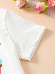 SHEIN 3pcs/Set Baby Girls' Cute Ice Cream Print Short Sleeve Top, Long Pants And Ruffled Cuffs Home Outfit Set - Multicolor - View 7