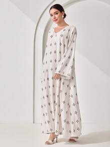 Veilorie Modest Casual Pleated Floral Print Women's Abaya, Turkish Dress, Extra Long Dress, Kaftan & Jalabiya - Apricot - View 5