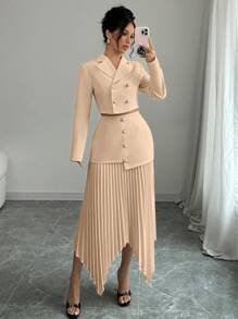 Elenzga 2pcs Women Suit Collar Waist Buttoned Pleated Asymmetrical Elegant Set - Khaki - View 5