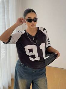 POPSWAY T-shirt d'été décontracté à manches courtes avec lettres et chiffres perforés pour femmes en grande taille - Multicolore - Voir 3