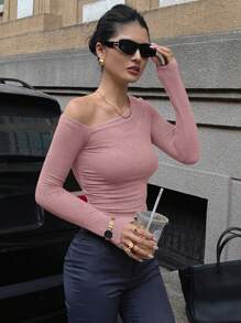 DAZY 1 Áo thun nữ hở vai bất đối xứng màu trơn tối giản, thoải mái và thời trang để mặc hàng ngày Áo dài tay Y2k dành cho nữ, Quần áo mùa thu cho nữ - Hồng - Xem 3