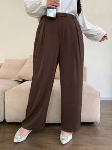 Dazy Plus Quần dài rộng rãi màu trơn cỡ lớn cho nữ, quần công sở thoải mái cho mọi mùa, quần váy nữ thu - màu nâu - Xem 4