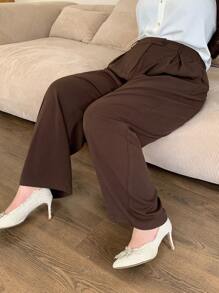 Dazy Plus Quần dài rộng rãi màu trơn cỡ lớn cho nữ, quần công sở thoải mái cho mọi mùa, quần váy nữ thu - màu nâu - Xem 9