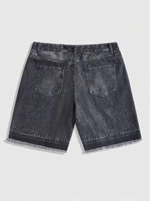 ROMWE MEN Street Life Spring/Summer Casual Graphic Men'S Street Letter Print Patch Pocket Loose Denim Shorts - Black - View 2