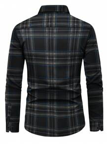 Manfinity Homme 男士前扣长袖格子休闲商务衬衫，适合秋季 - 黑色 - 查看 2