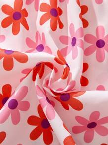 THE HAPPY LOOK Young Girls Floral Print Elastic Ruffle Off Shoulder Loose White Blouse, Vacation Style, Spring - Pink - View 6