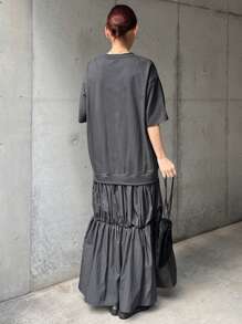 FRIFUL 女士灰色连衣裙，撞色下摆，圆领短袖，夏季服装，荷叶边 - 灰色 - 查看 5