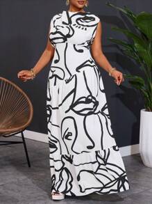 Slaydiva Plus Size Women Abstract Face Line Art Print Sleeveless Casual Dress - Multicolor - View 5