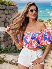 SHEIN VCAY Vacation Casual Off Shoulder Printed Cropped Blouse Top, Vacation ,Summer For Women - Multicolor - View 3