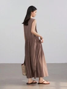 Dazy-Less Damen Einfarbiges Leinen Loose Vest Design Patchwork Midi Kleid Business Lässig