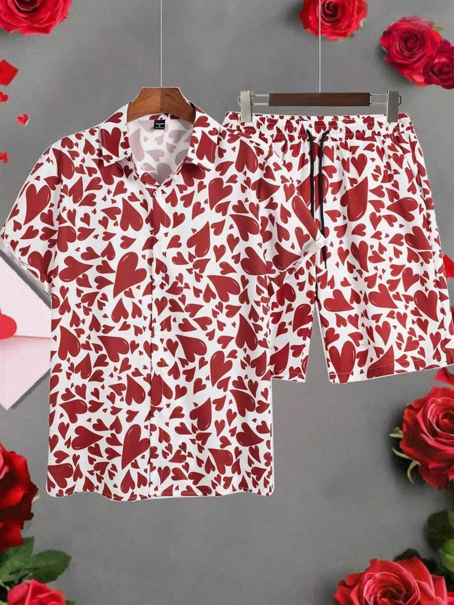 Manfinity Homme Men's Front Button Short Sleeve Heart All Over Print Simple T-Shirt And Shorts Set - Multicolor - View 1