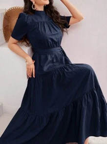 Seusyu 女士休闲纯色泡泡袖阿拉伯风格连衣裙 - 藏蓝色 - 查看 3