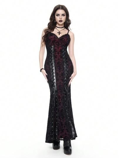 Women's Retro Dark Gothic Flocked Ribbon Drawstring Lace Trim Fishtail Dress