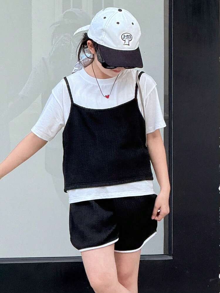 Tween Girl Contrast Color 2 In 1 Short Sleeve Top And Shorts Casual Set
