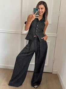DAZY Set de 2 piezas de chaleco ajustado sin mangas y pantalones de pierna ancha elegante para vacaciones de verano para mujer