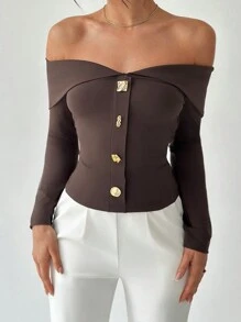 Firerie 女士优雅情人节露肩不对称金属纽扣上衣，不对称纽扣露肩长袖衬衫，适合商务聚会、时尚通勤、海滩度假、复古风格、乡村音乐会着装、办公室着装、通勤、返校季、日常穿着。 - 咖啡棕 - 查看 6