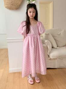 DAZY Tween Girl' Square Collar All-Over Print Woven Short Sleeve Dress, For Spring & Summer,Back To School Clothes