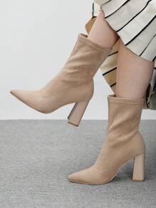 CUCCOO BIZCHIC Women Plus Size Chunky Heel Pointed Toe Suede Knit Ankle Boots, Apricot Color, Suitable For Commute, Date, Party And Gathering New Year Holiday - Apricot - View 3