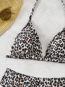 SHEIN Teen Girl Leopard Print Spaghetti Strap Cropped Tankini Swimwear Set, Summer Holiday - Brown - View 5