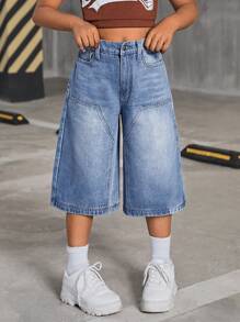 SHEIN Tween Girls Y2K 2000s Retro Washed Baggy Causal Denim Wide Leg Knee Length Jeans Shorts,Girls Spring Summer Boho Concert Rave Festival Clothes Back To School Streetwear Outfits