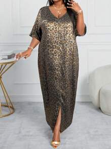 SHEIN Lady Spring Summer Autumn Winter Elegant Light Black Gold Leopard Pattern Braided Notch Robe Dress Plus Size Dress