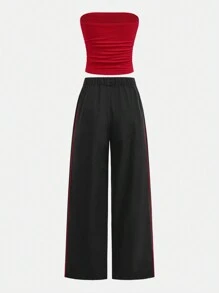 SHEIN 少女腰部褶皱针织短款上衣和抽绳低腰阔腿运动休闲工装裤套装，街头时尚吊带背心和裤子套装 - 紅色 - 查看 2