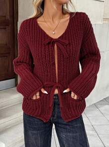 SHEIN LUNE Áo len cardigan cài nút màu trơn cho nữ, Xuân/Hè - Màu Đỏ Sâu - Xem 4
